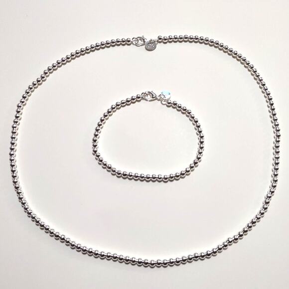 S925 Silver Pearl Necklace Bracelet 4mm Jewelry Set Sterling Christmas Birthday